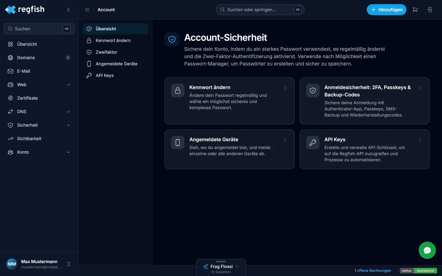 Die Übersicht der Account-Sicherheit mit ihren vier Bereichen