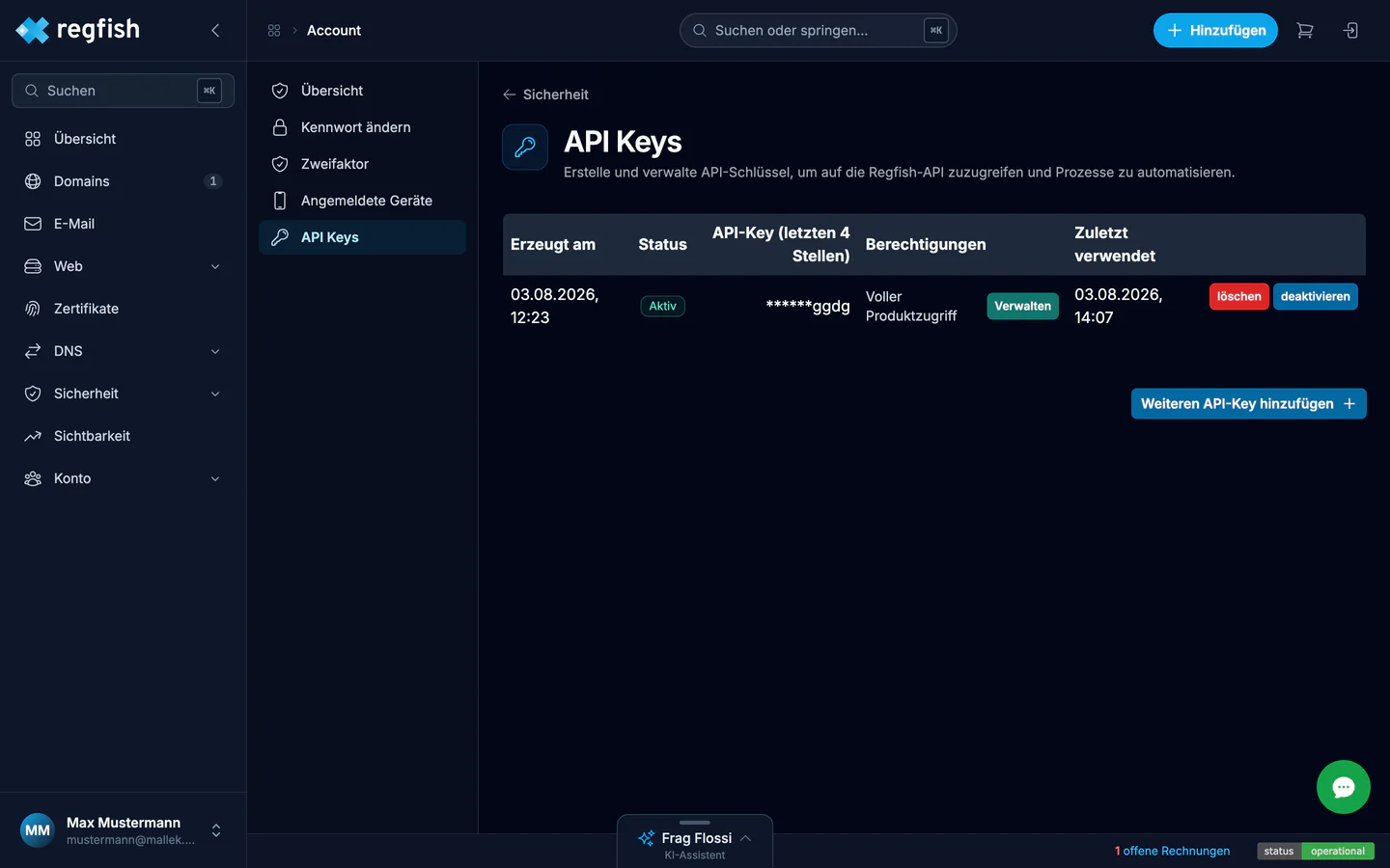 Die Übersicht der API-Keys