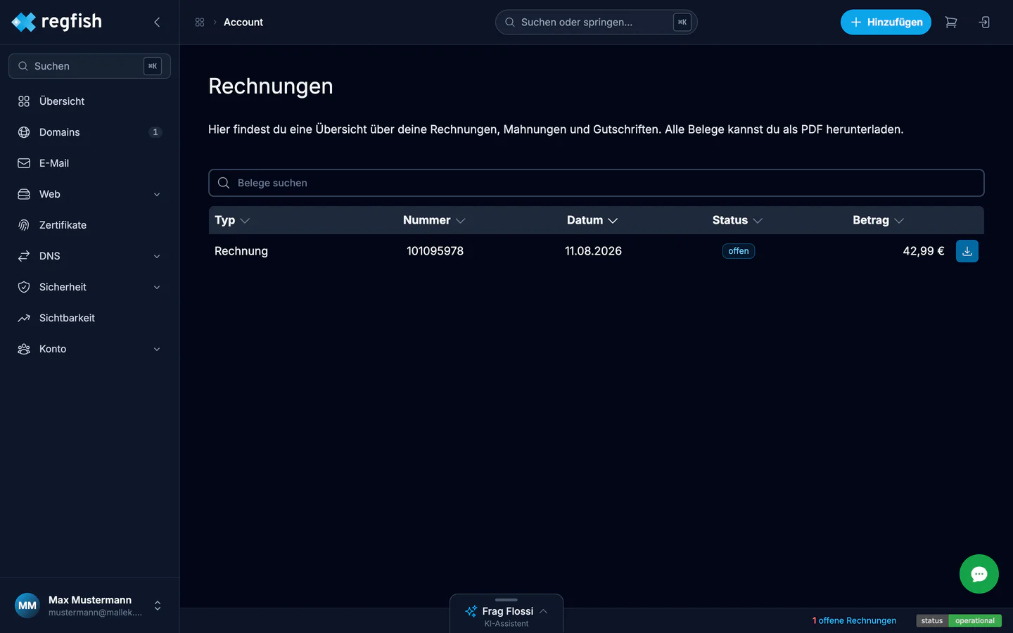 Die Rechnungsübersicht mit Status und PDF-Download