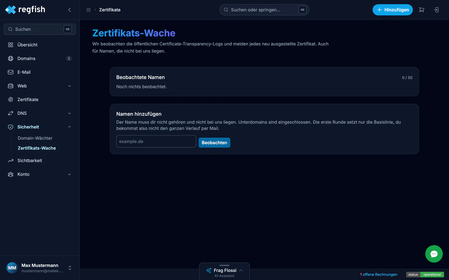 Die Zertifikats-Wache mit der Liste der beobachteten Namen