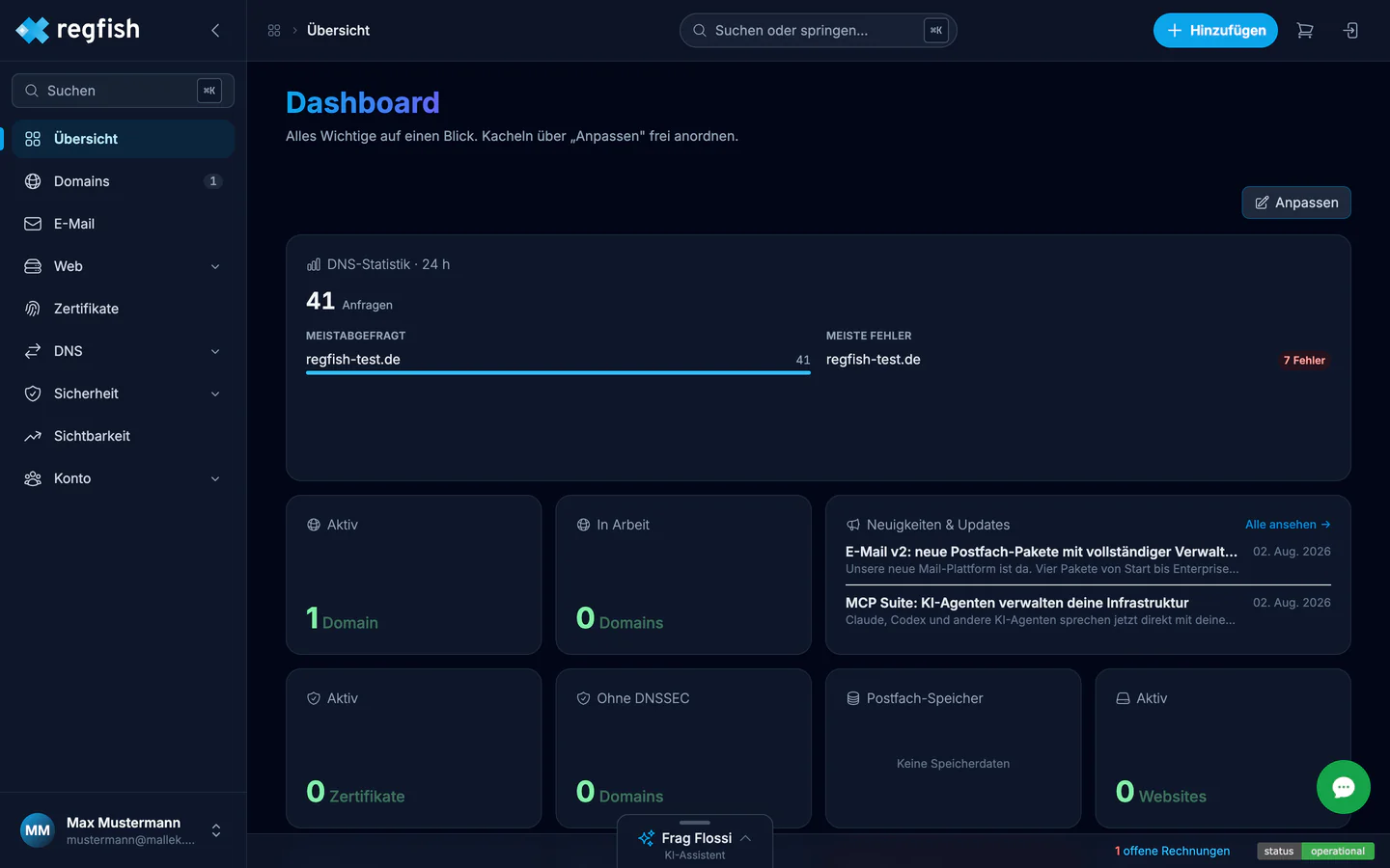 Das Dashboard nach der Anmeldung