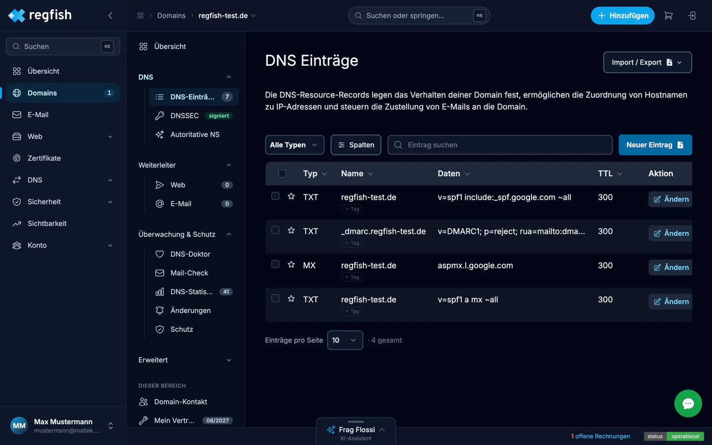 Die Liste der DNS-Einträge