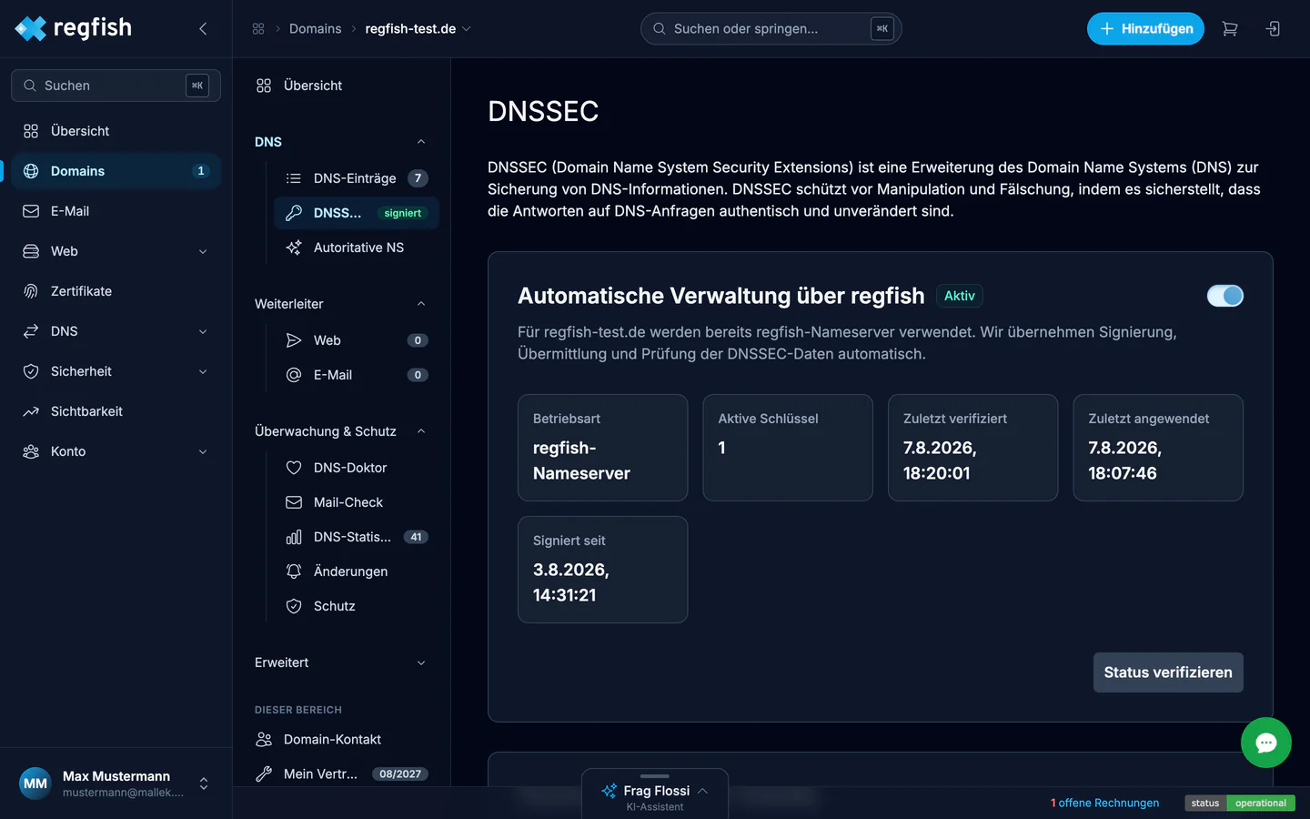 Die DNSSEC-Seite einer signierten Domain