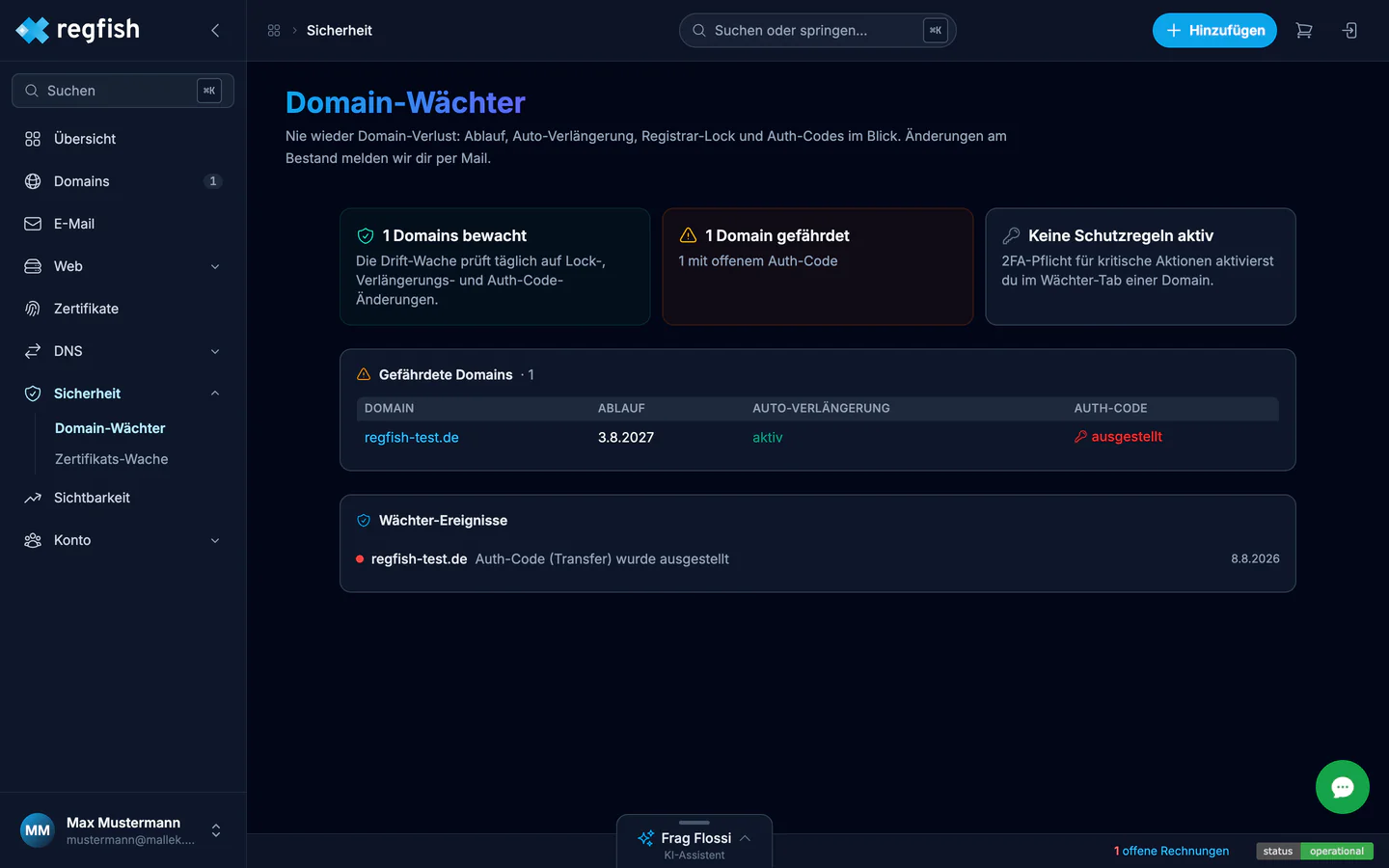 Der Domain-Wächter mit gefährdeten Domains und dem Ereignisprotokoll