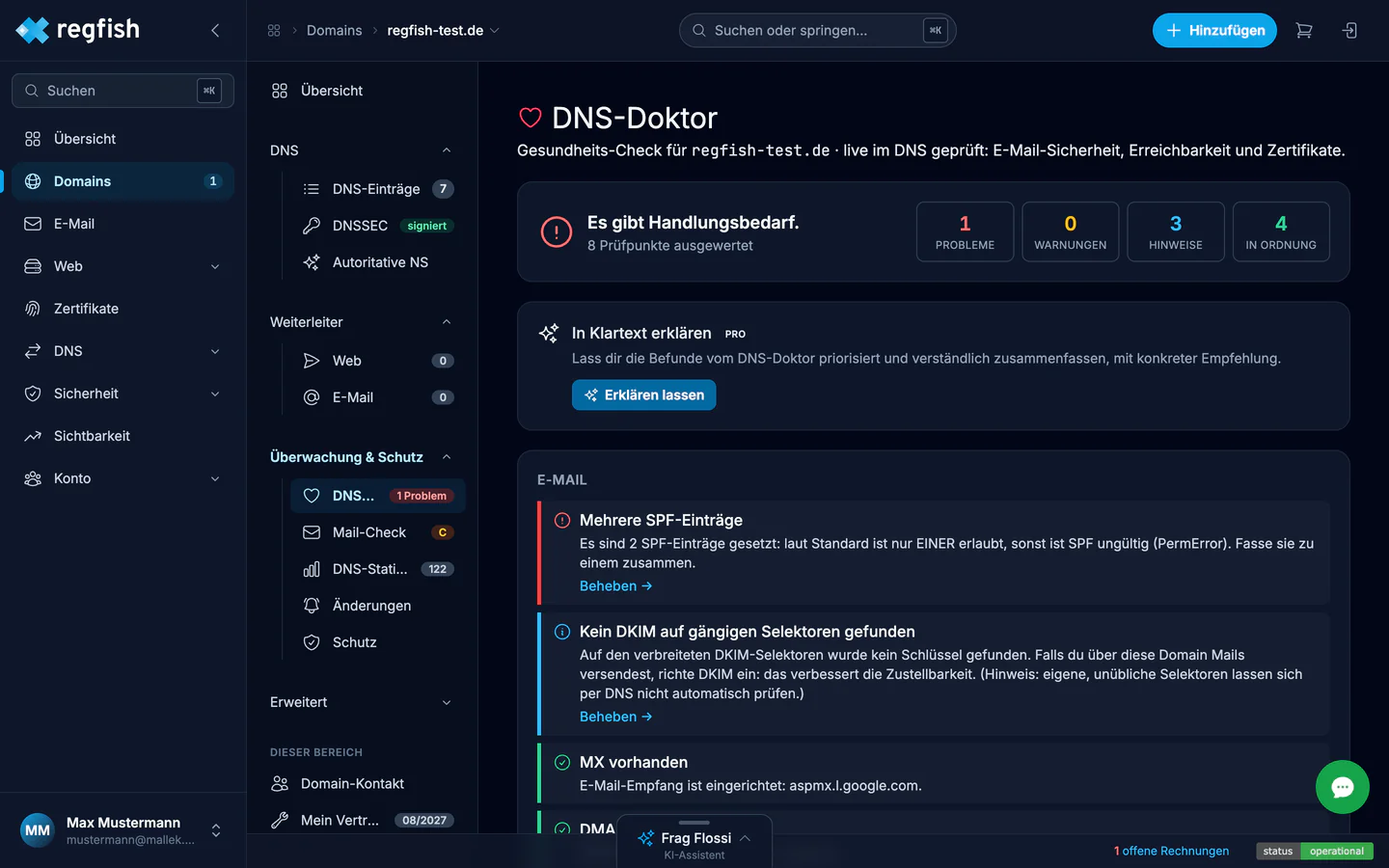 Der DNS-Doktor mit Befunden zu E-Mail, Erreichbarkeit und Zertifikaten