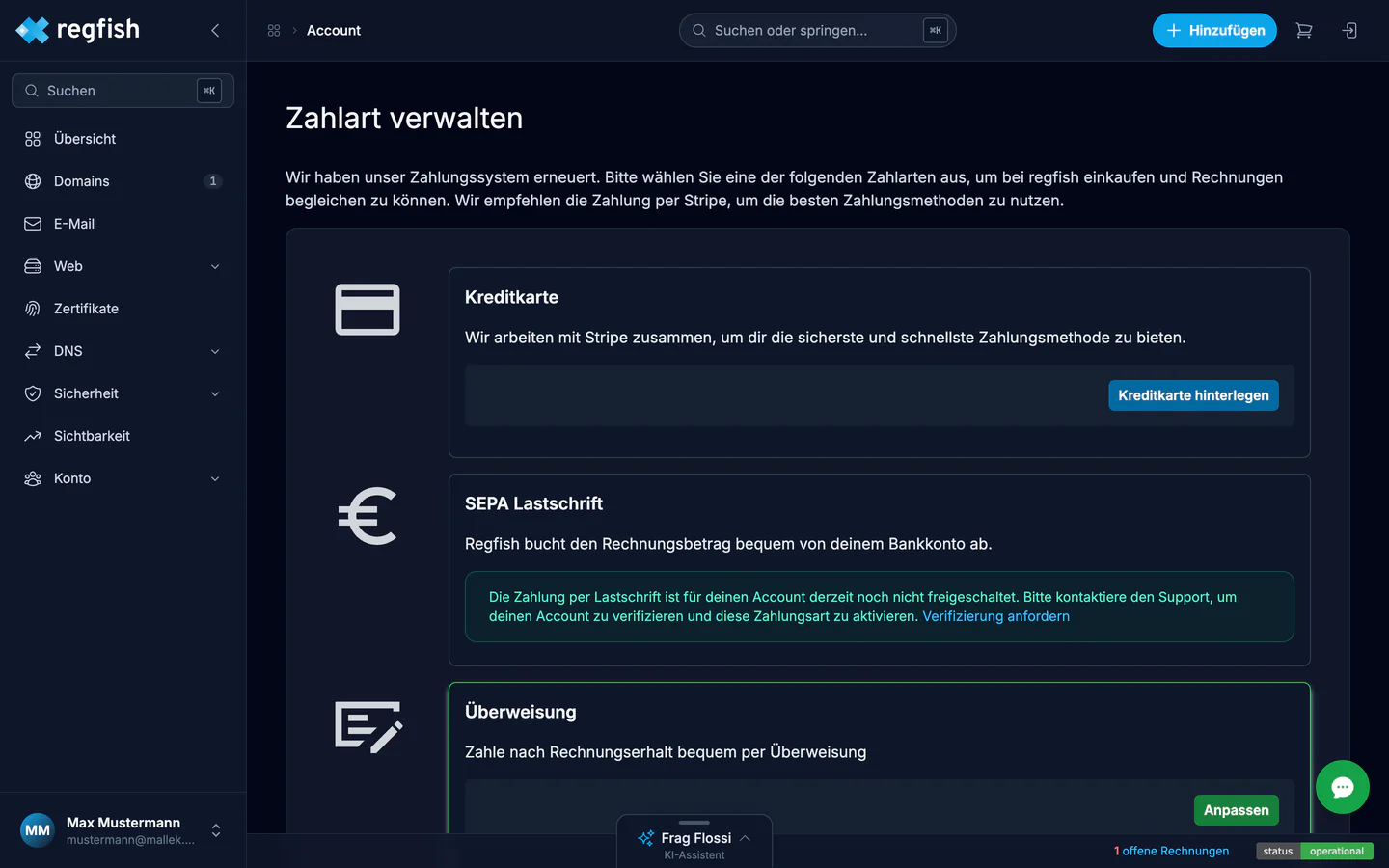 Die Zahlarten im dash mit den drei Kacheln