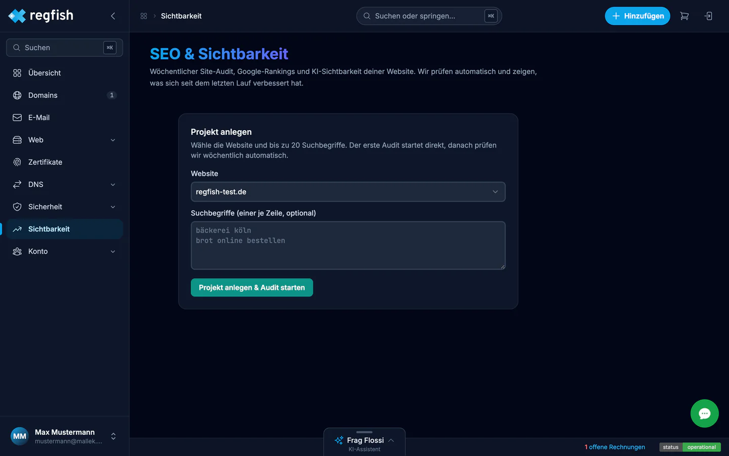 Das Anlegen eines Sichtbarkeits-Projekts