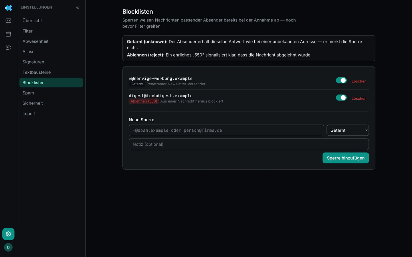 Die Blocklisten mit bestehenden Sperren und dem Formular für neue