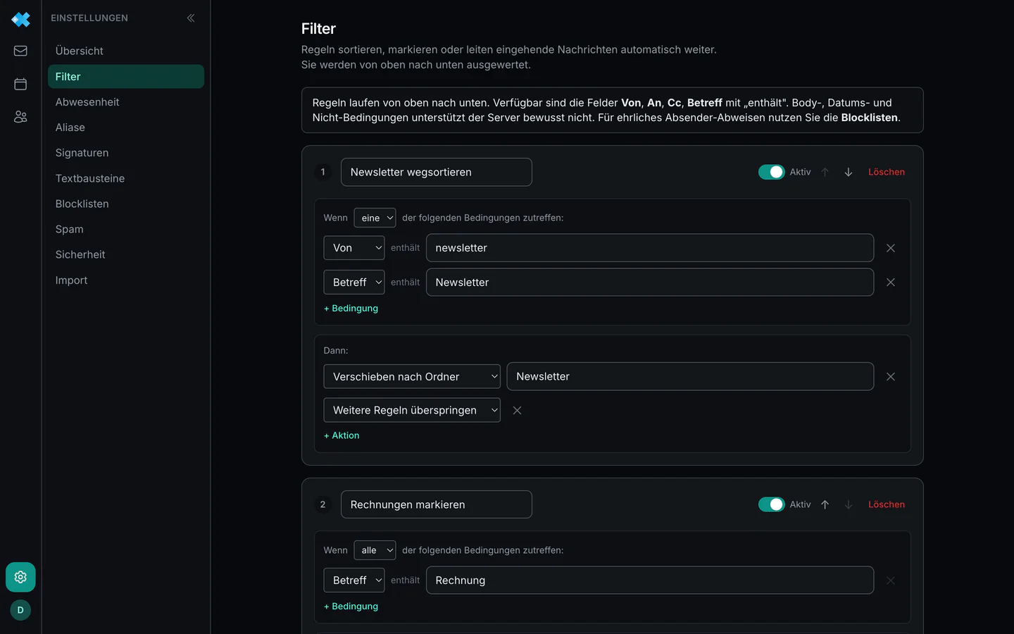 Der Filter-Editor mit den Regeln einer Liste