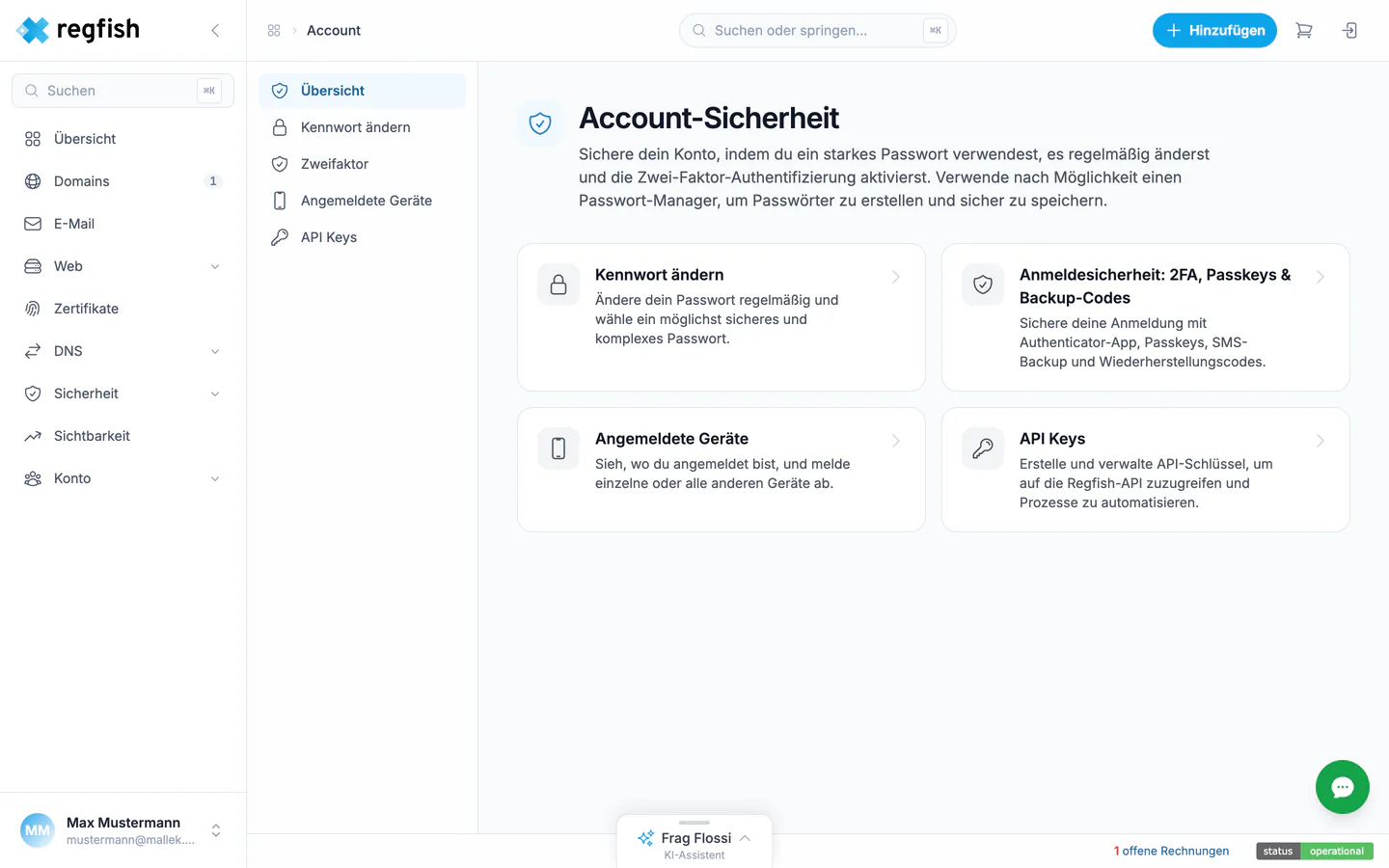Die Übersicht der Account-Sicherheit mit ihren vier Bereichen