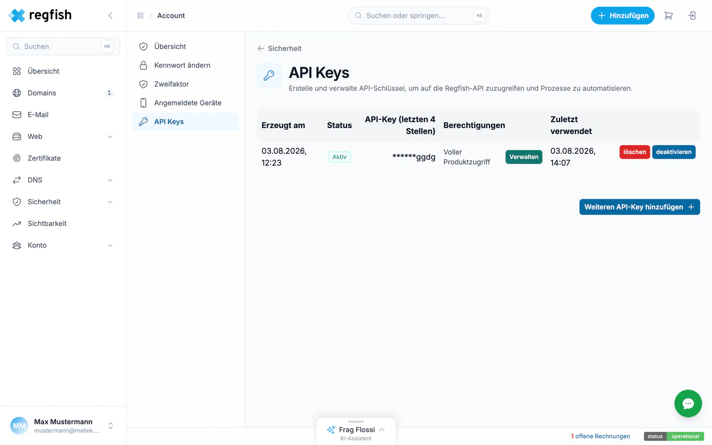Die Übersicht der API-Keys