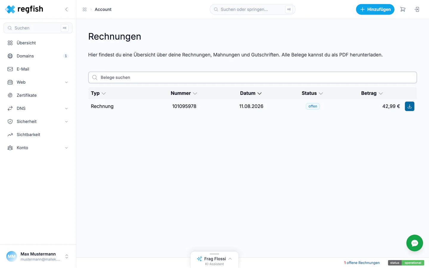 Die Rechnungsübersicht mit Status und PDF-Download