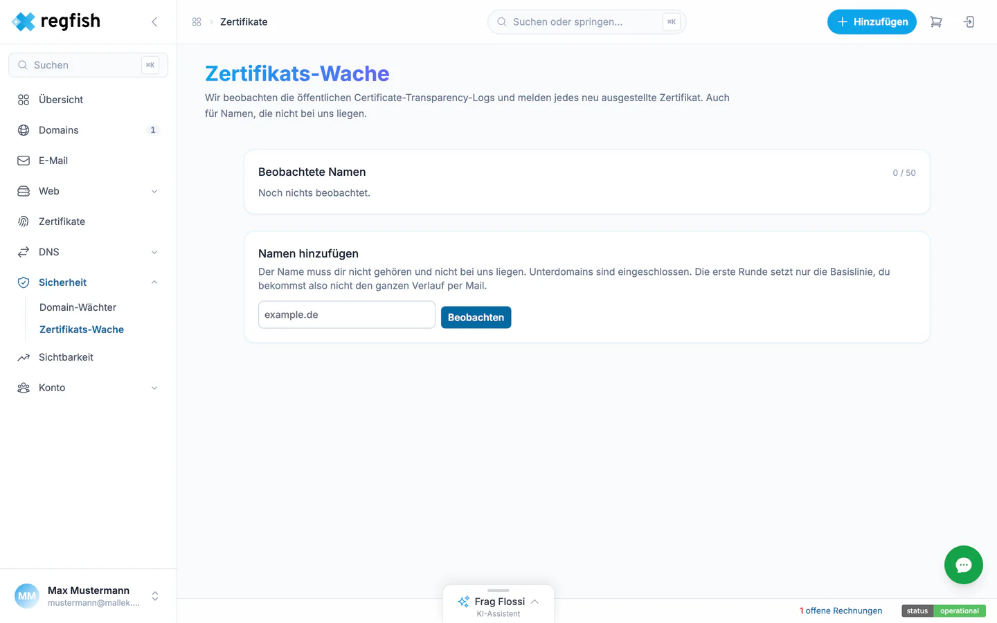 Die Zertifikats-Wache mit der Liste der beobachteten Namen