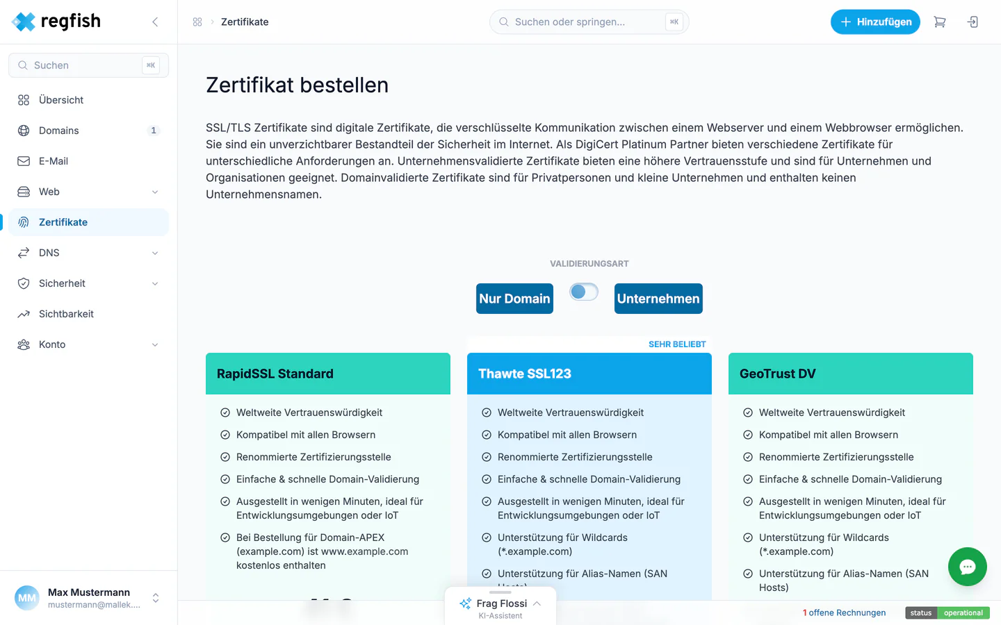 Die Bestellseite mit der Auswahl der Validierungsart