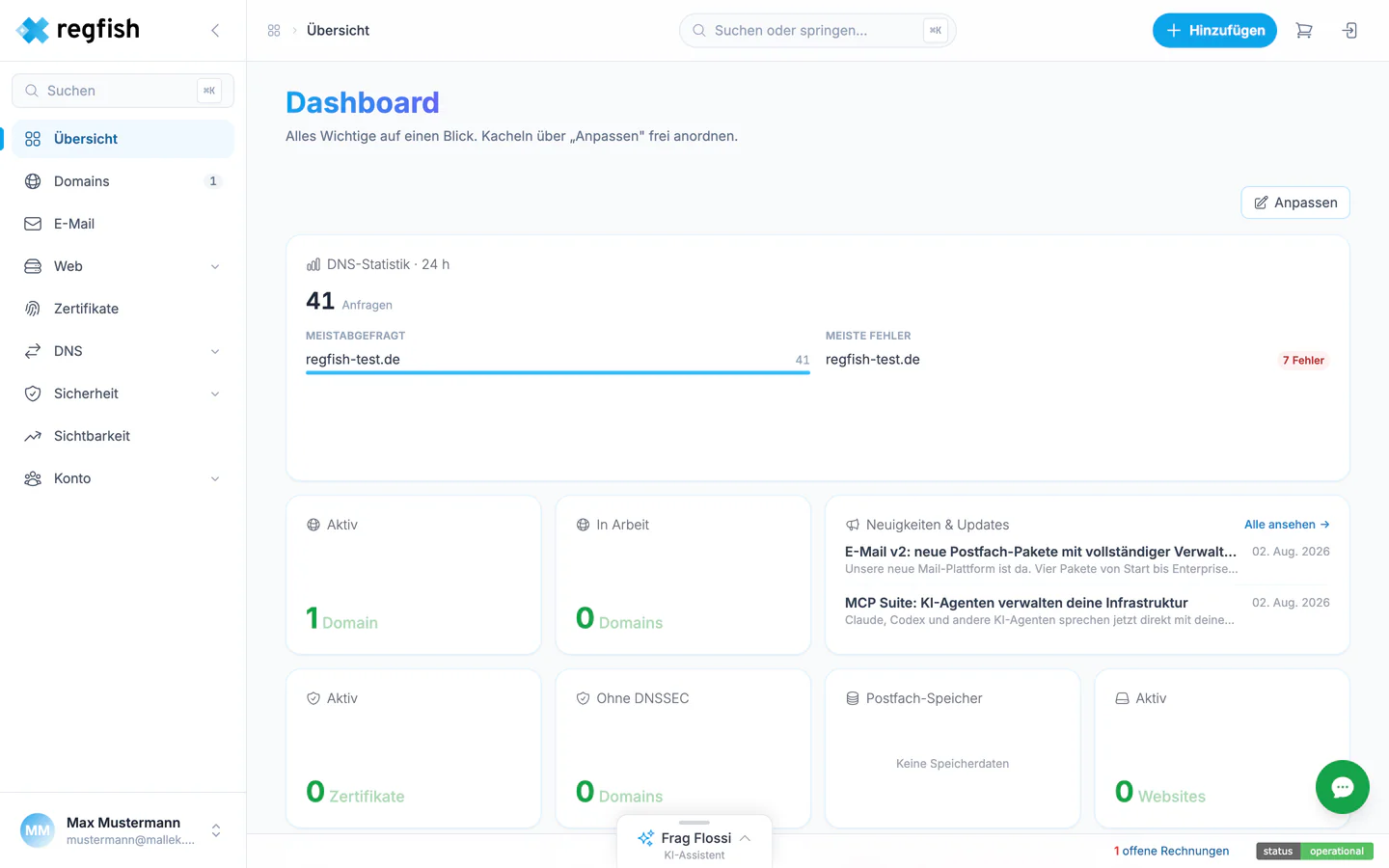 Das Dashboard nach der Anmeldung