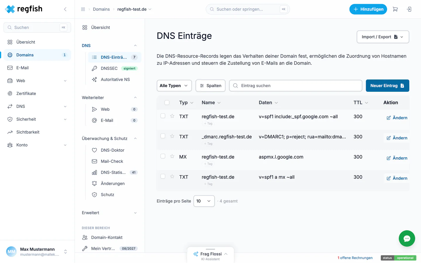 Die Liste der DNS-Einträge