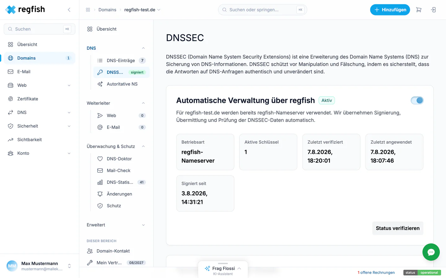 Die DNSSEC-Seite einer signierten Domain