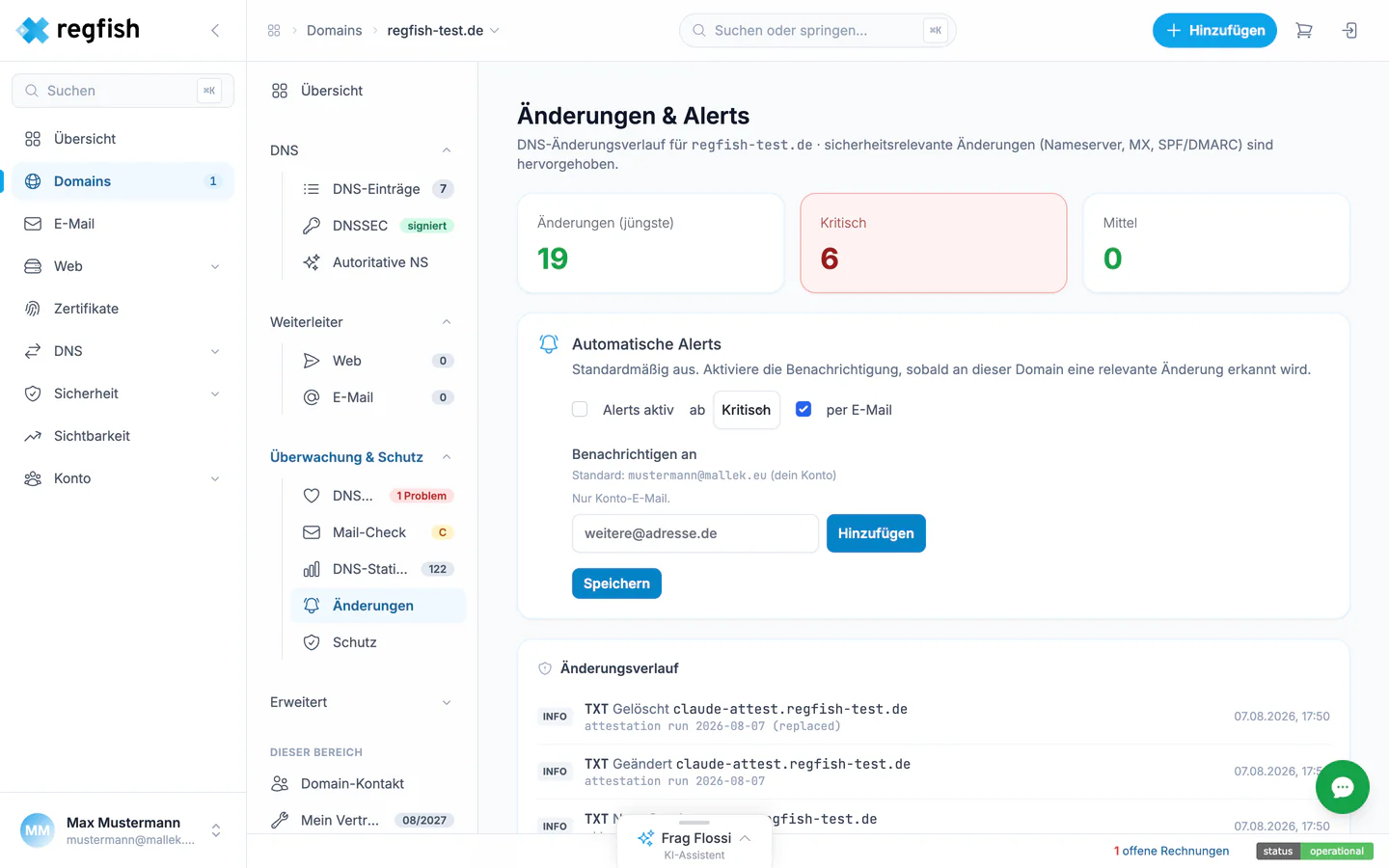 Der Änderungsverlauf mit Einstufung und den Alert-Einstellungen