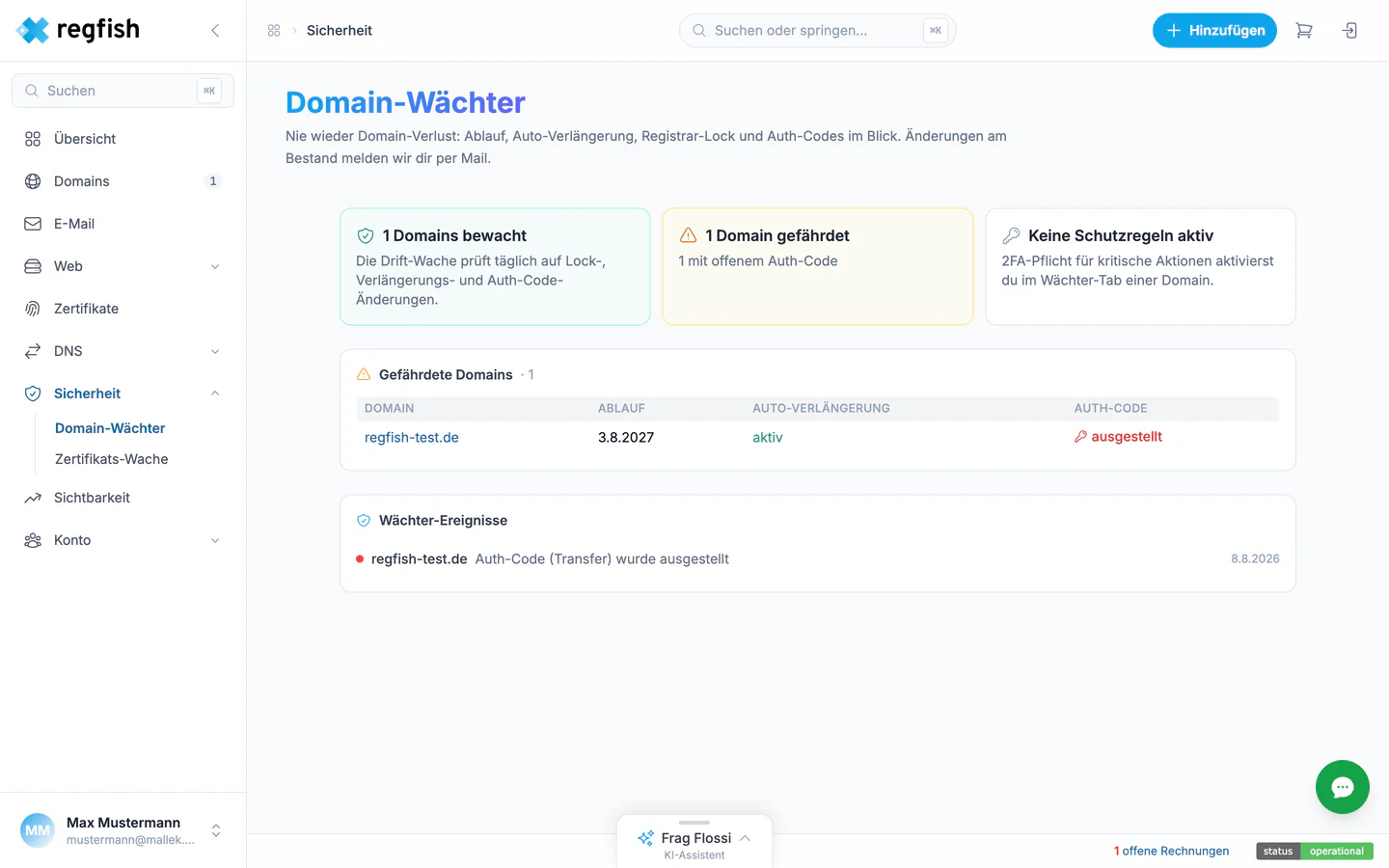 Der Domain-Wächter mit gefährdeten Domains und dem Ereignisprotokoll
