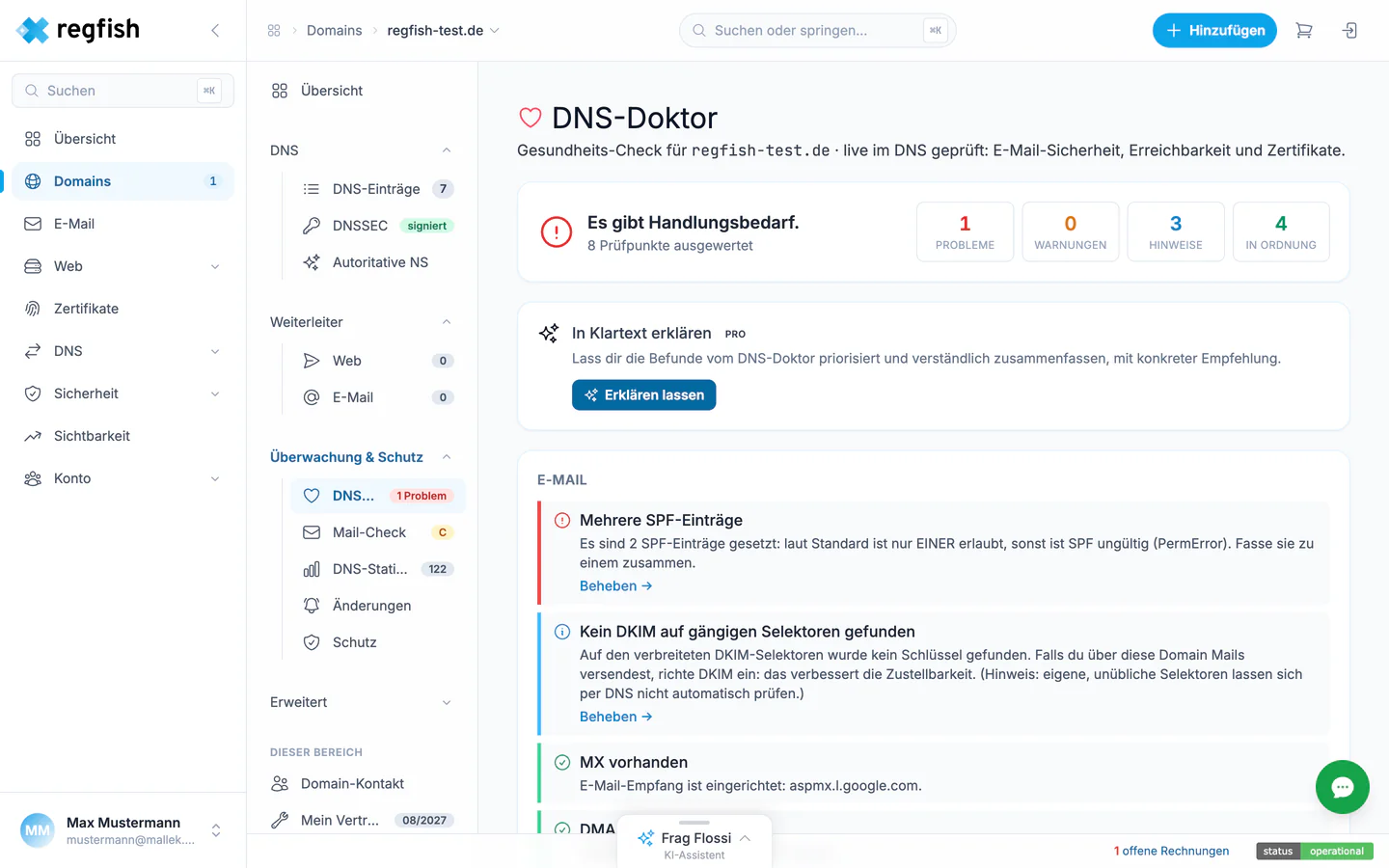 Der DNS-Doktor mit Befunden zu E-Mail, Erreichbarkeit und Zertifikaten