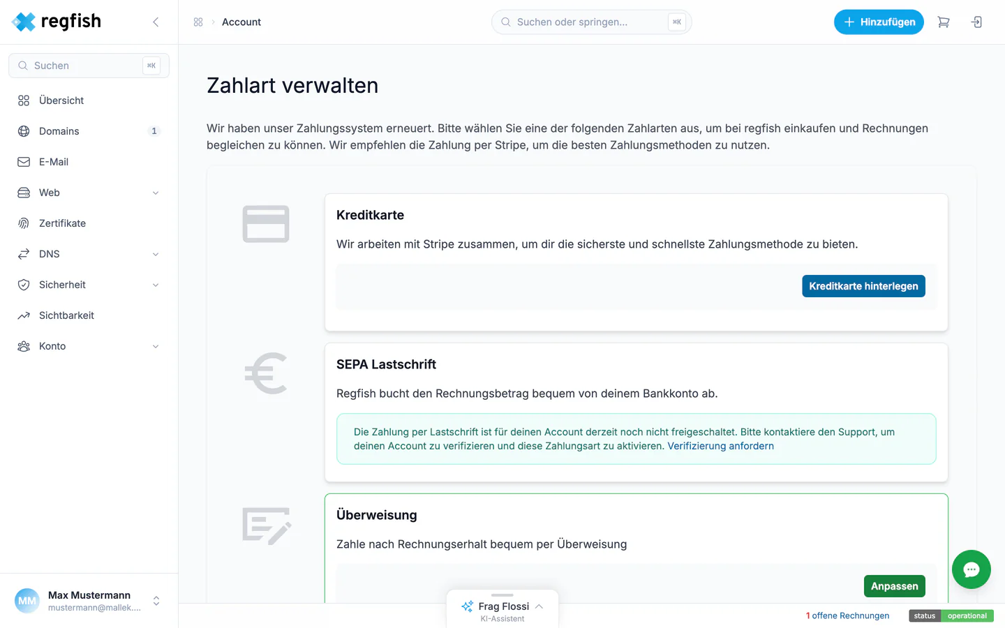 Die Zahlarten im dash mit den drei Kacheln