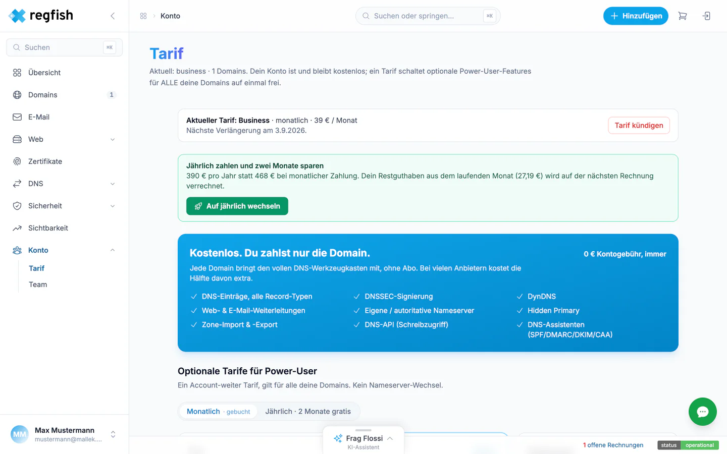 Die Tarifübersicht mit aktuellem Tarif und den Stufen