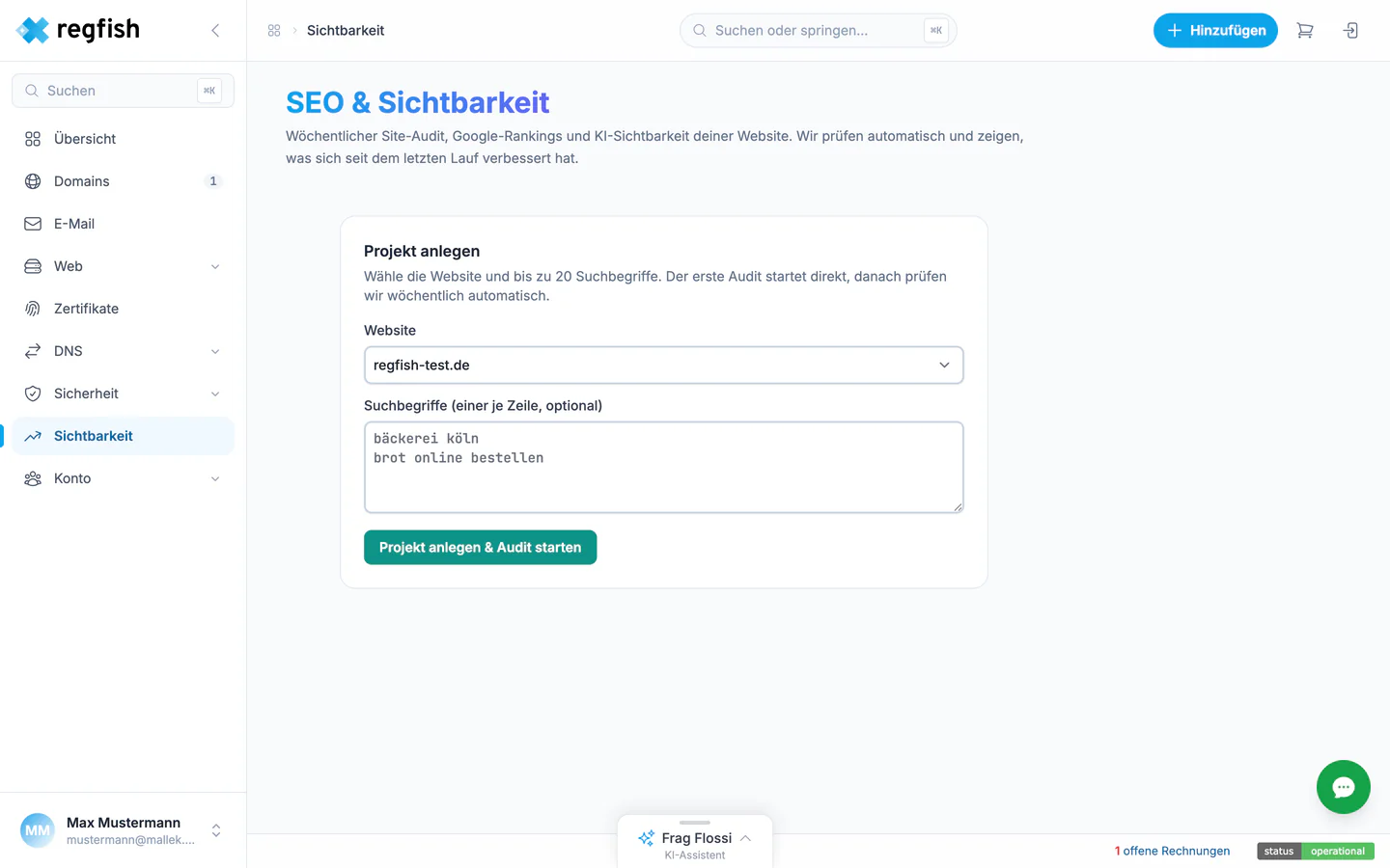 Das Anlegen eines Sichtbarkeits-Projekts