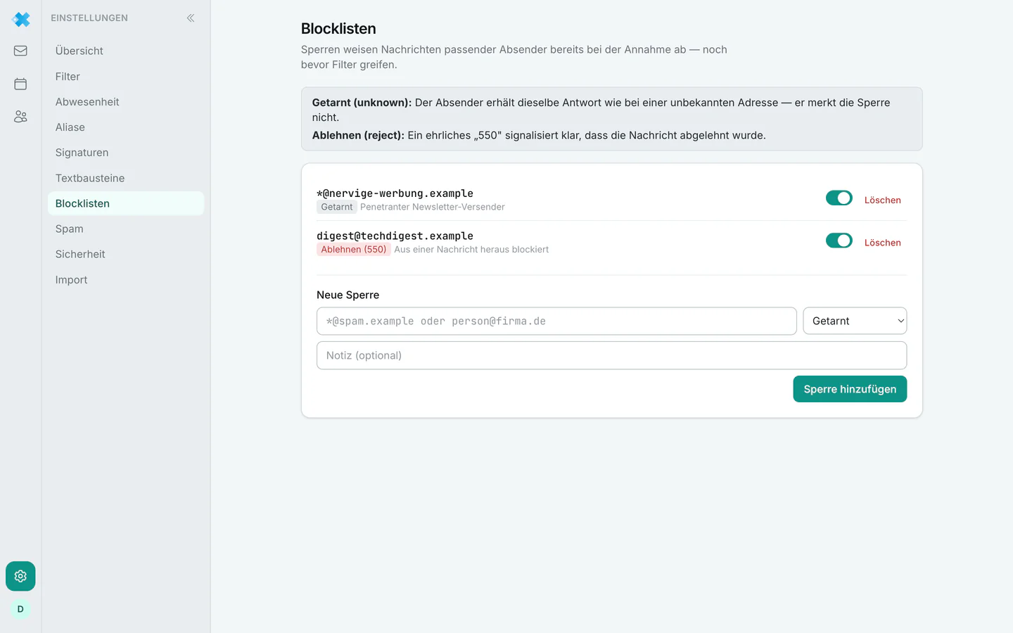 Die Blocklisten mit bestehenden Sperren und dem Formular für neue