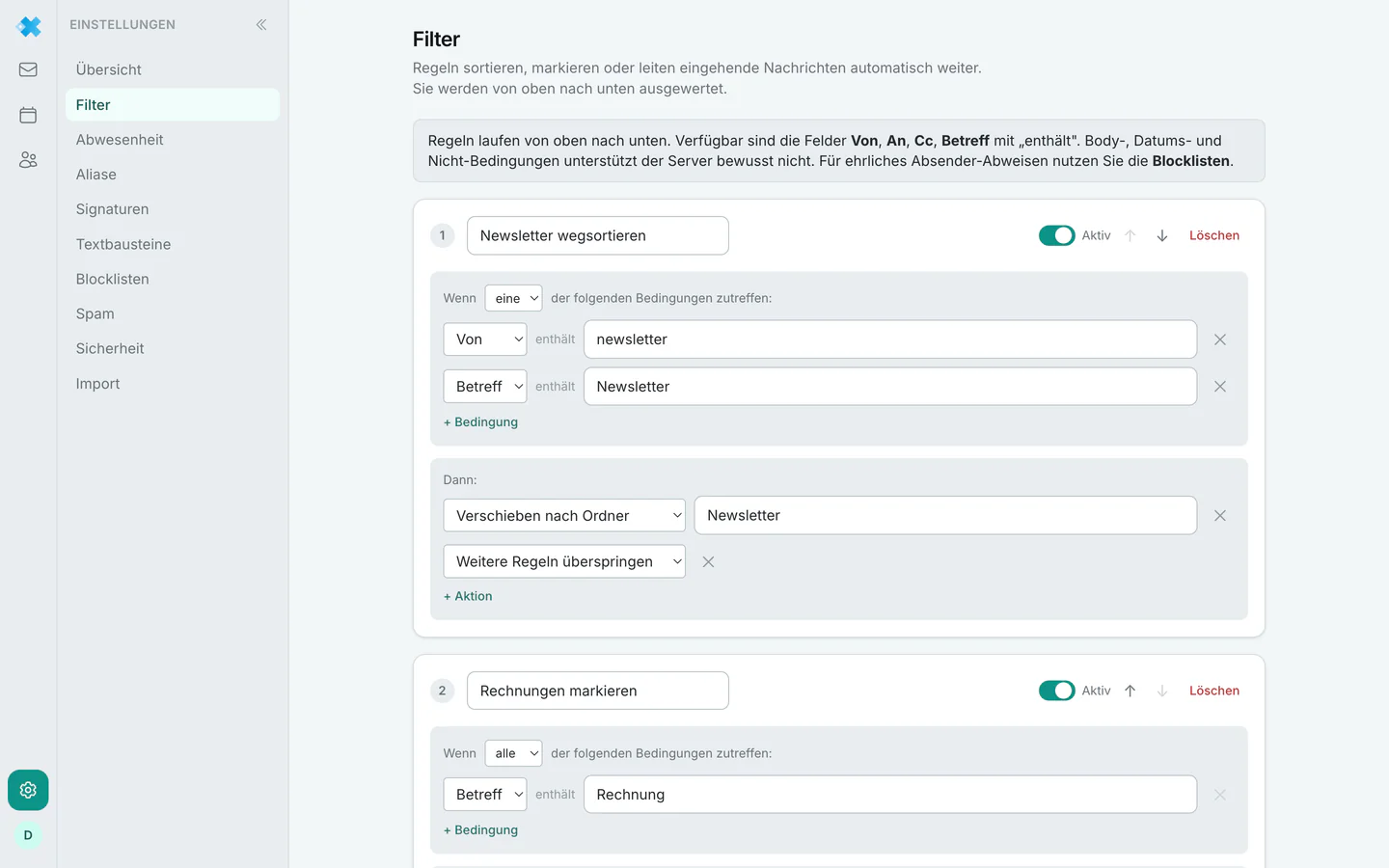Der Filter-Editor mit den Regeln einer Liste