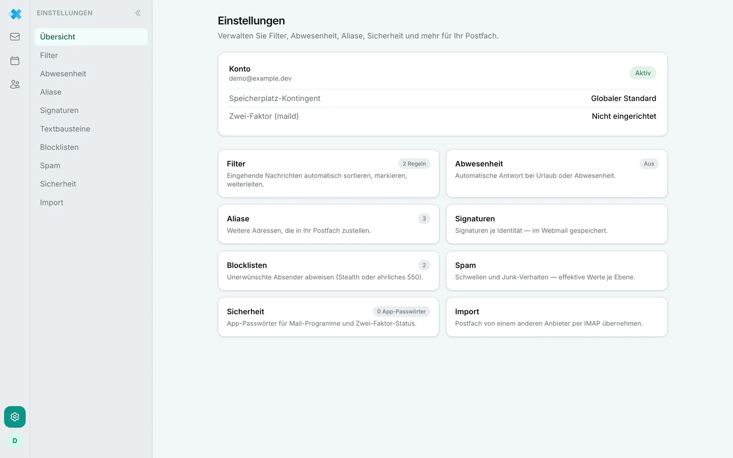 Der Einstellungsbereich von regfish Mail