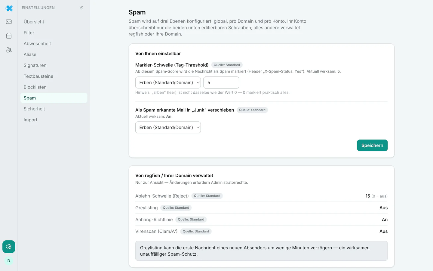 Die Spam-Einstellungen mit Markier-Schwelle und den verwalteten Werten