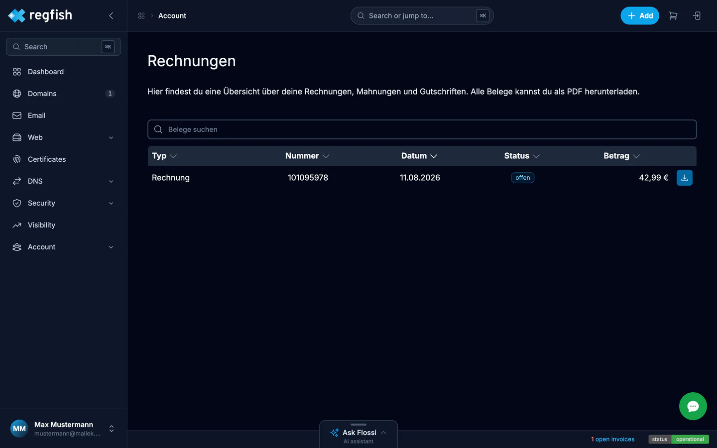 The invoice overview with status and PDF download