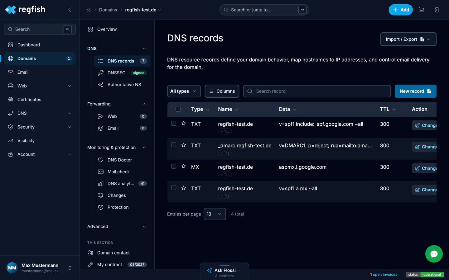 The list of DNS records
