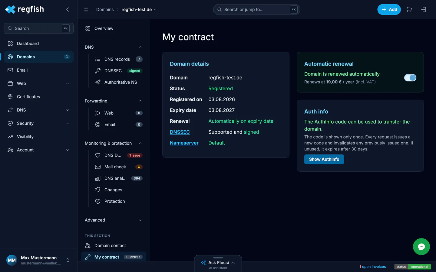 The contract page with term, renewal and AuthInfo