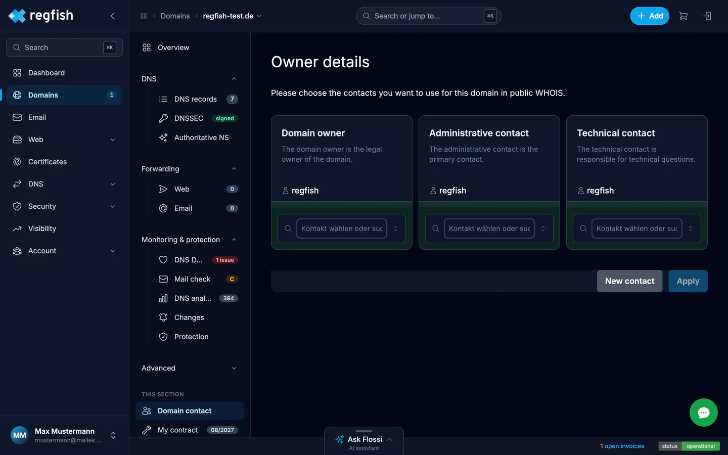 The owner data with its three contacts