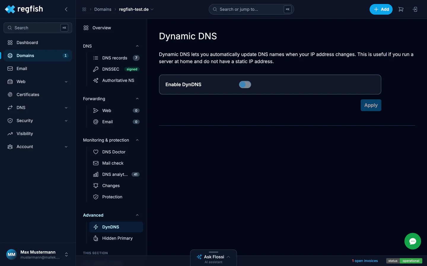 The DynDNS settings of a domain