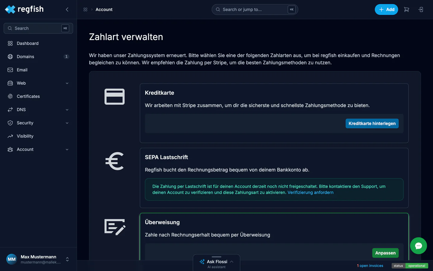 The payment methods in the dash with their three tiles