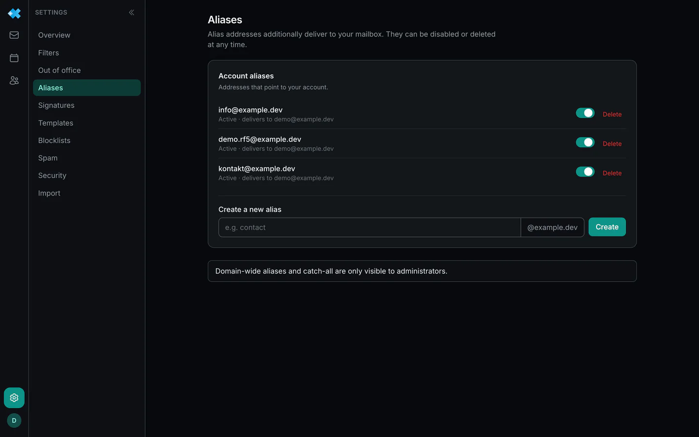Alias management with account aliases and catch-all exceptions