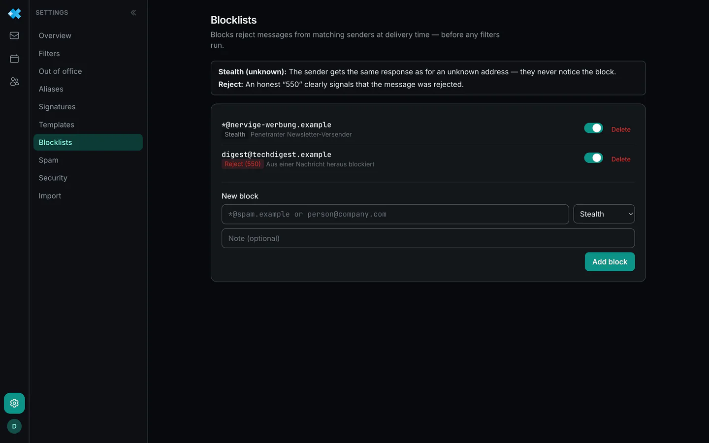 The blocklists with existing blocks and the form for new ones