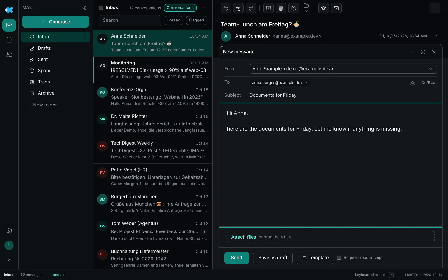 The floating compose window next to folders, list and an open message