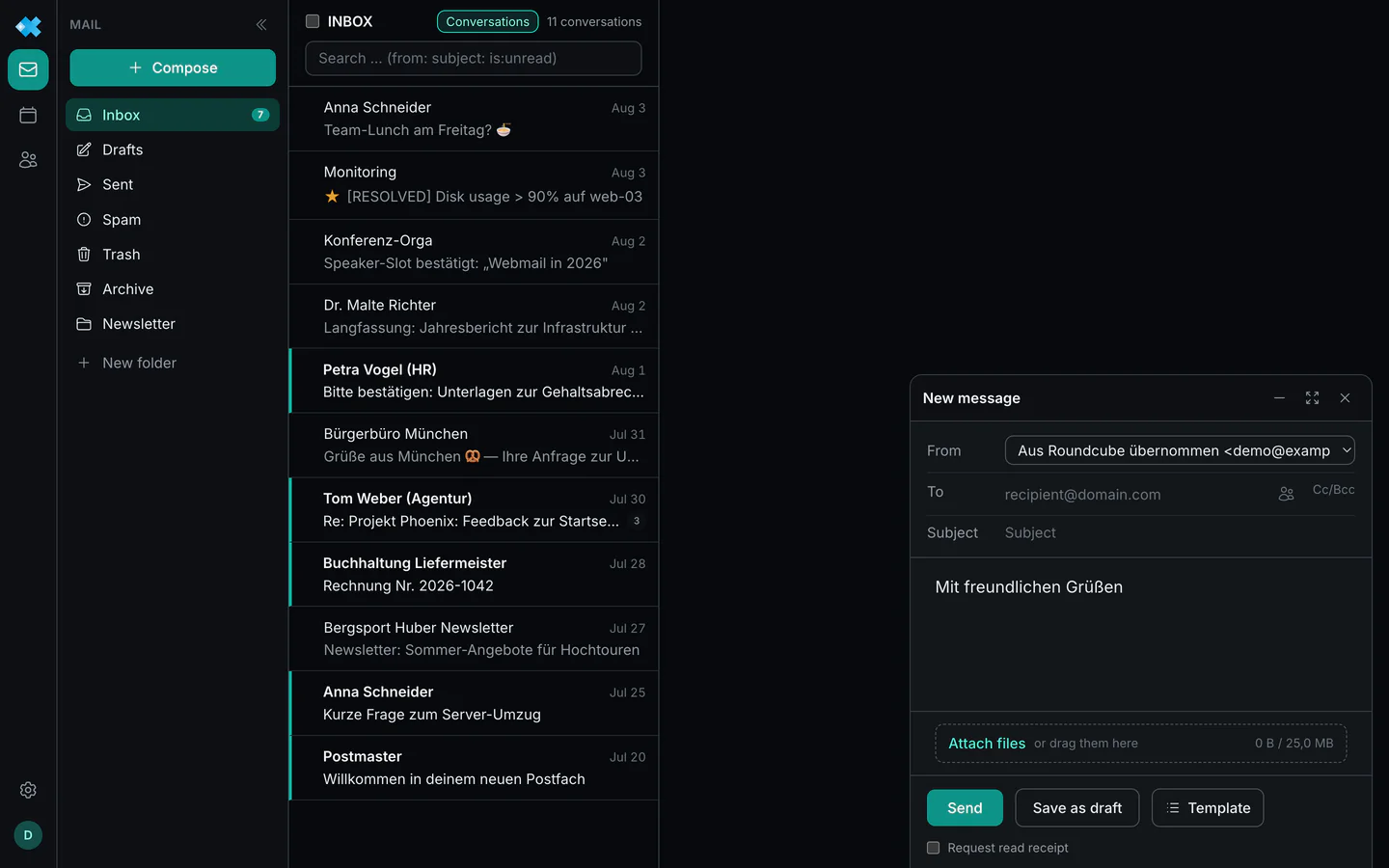 The compose window with attachment limit and template button