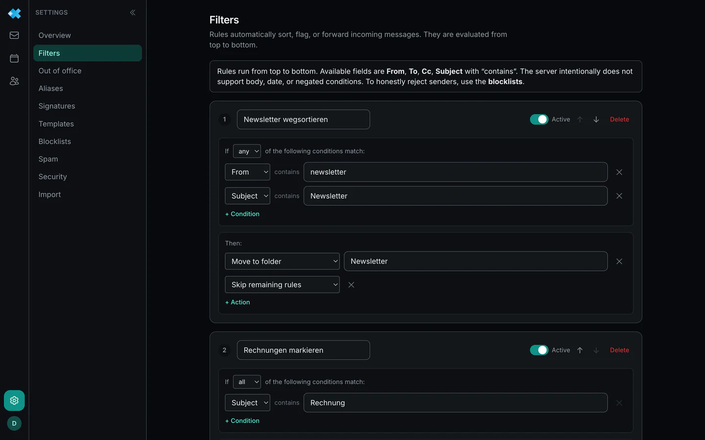 The filter editor with the rules of a list