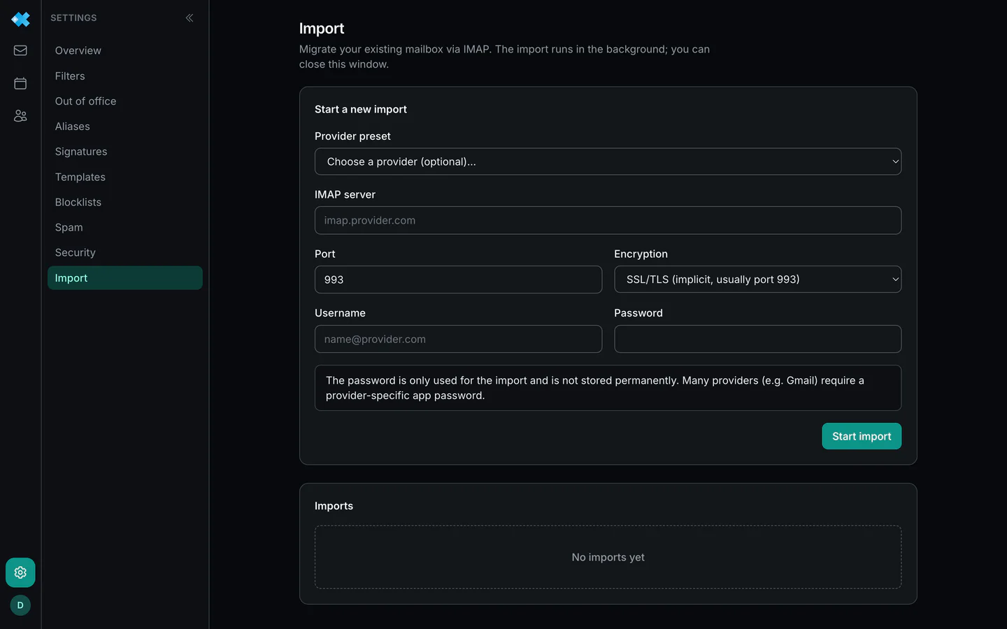 The import with its form and the list of runs