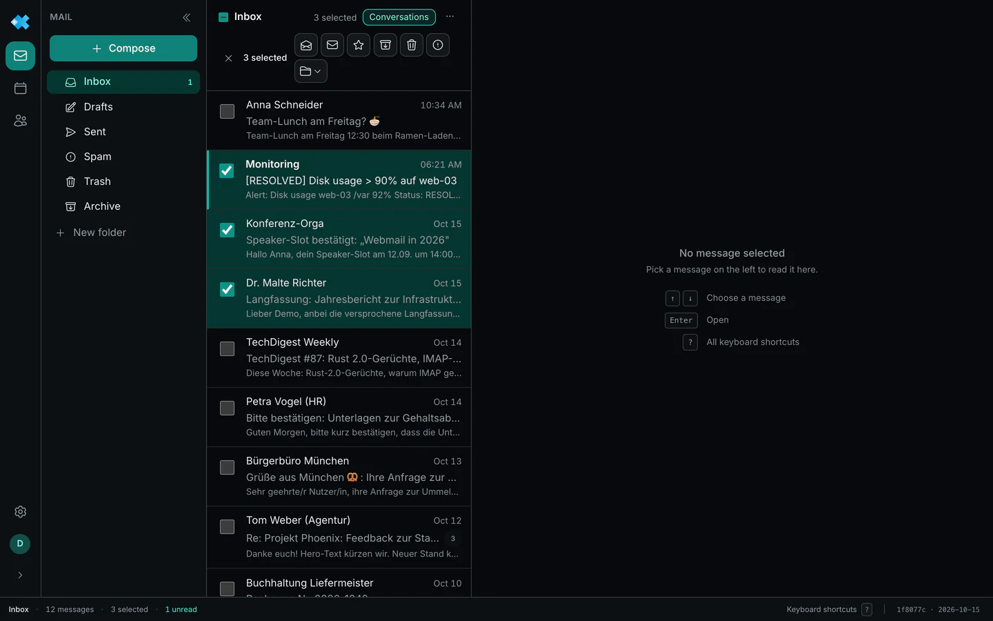 Three selected messages, their sender circles have turned into checkboxes