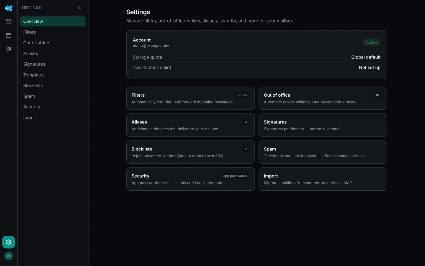 The settings area of regfish Mail