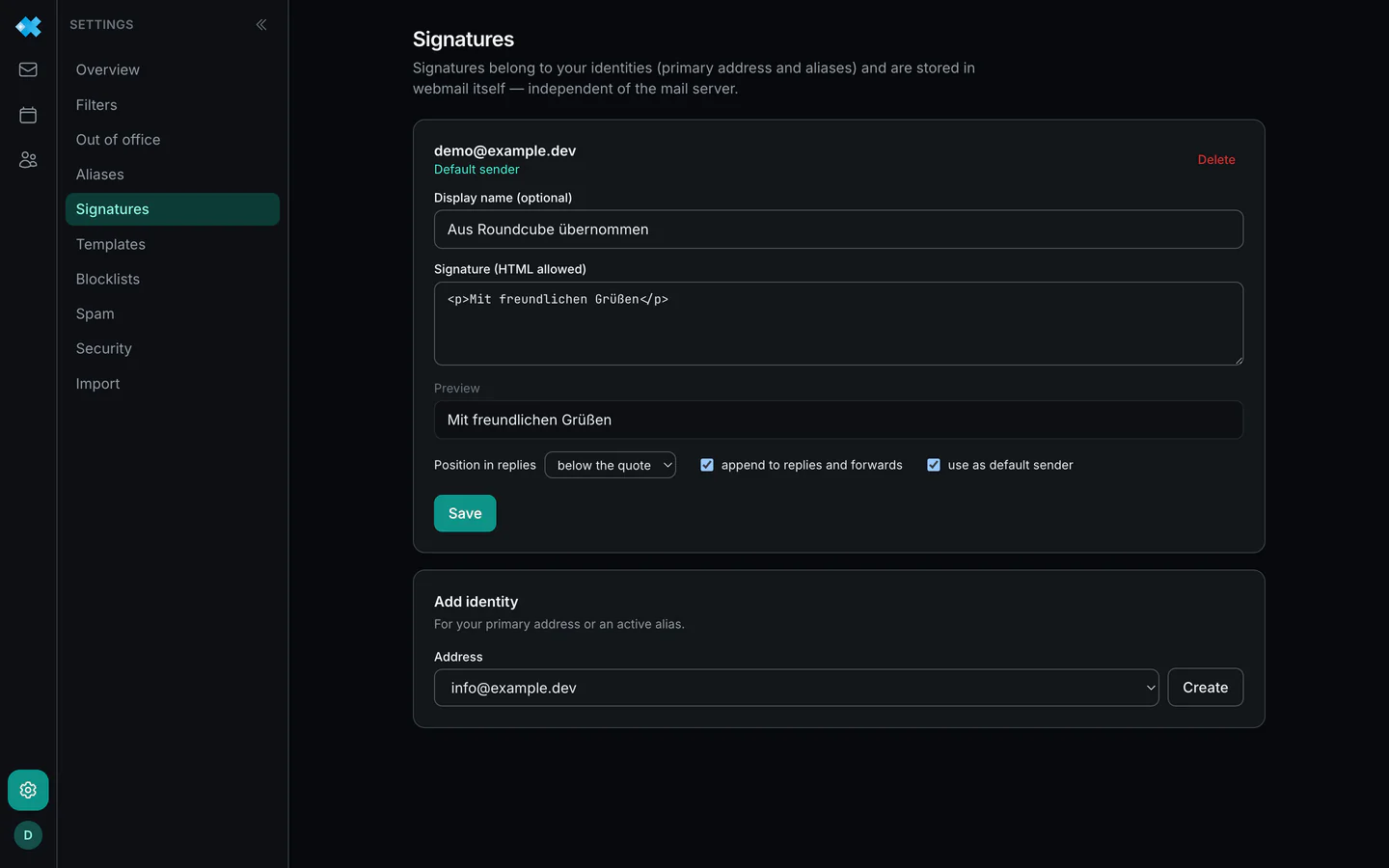 Managing identities with their signatures