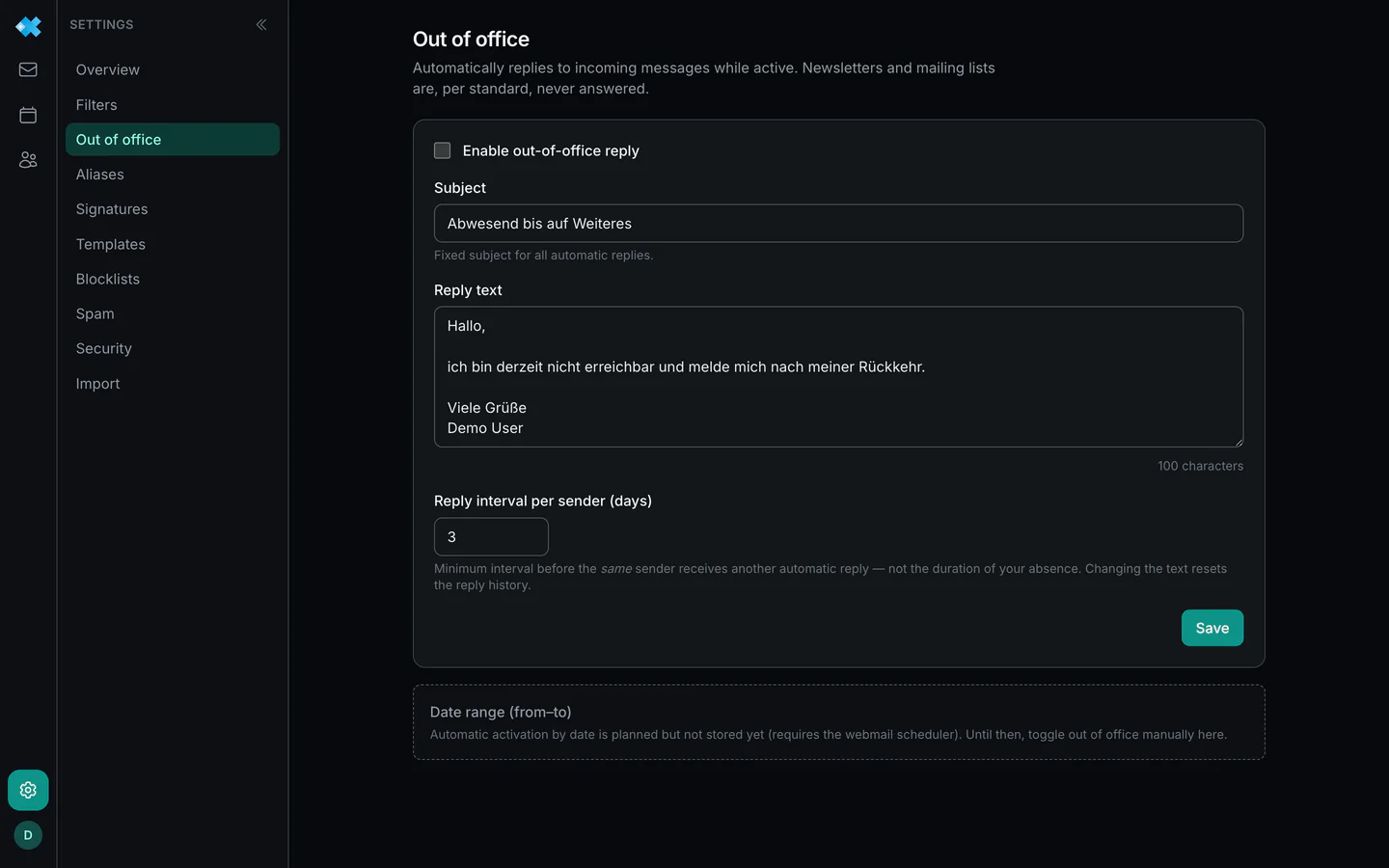 The vacation notice with text and date range