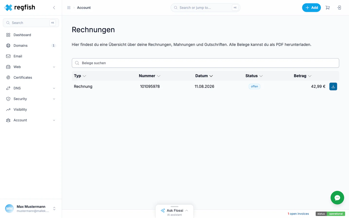 The invoice overview with status and PDF download