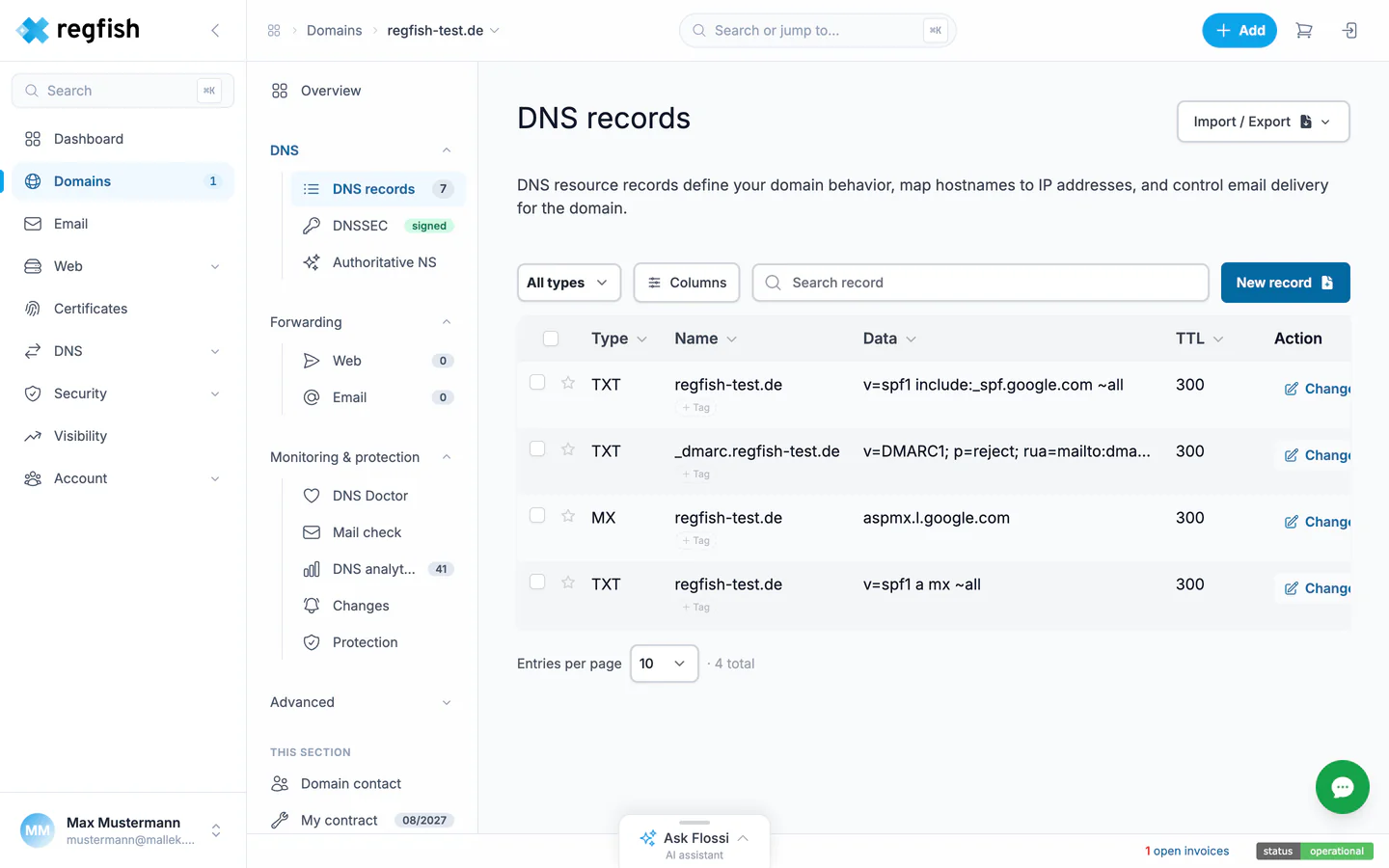 The list of DNS records