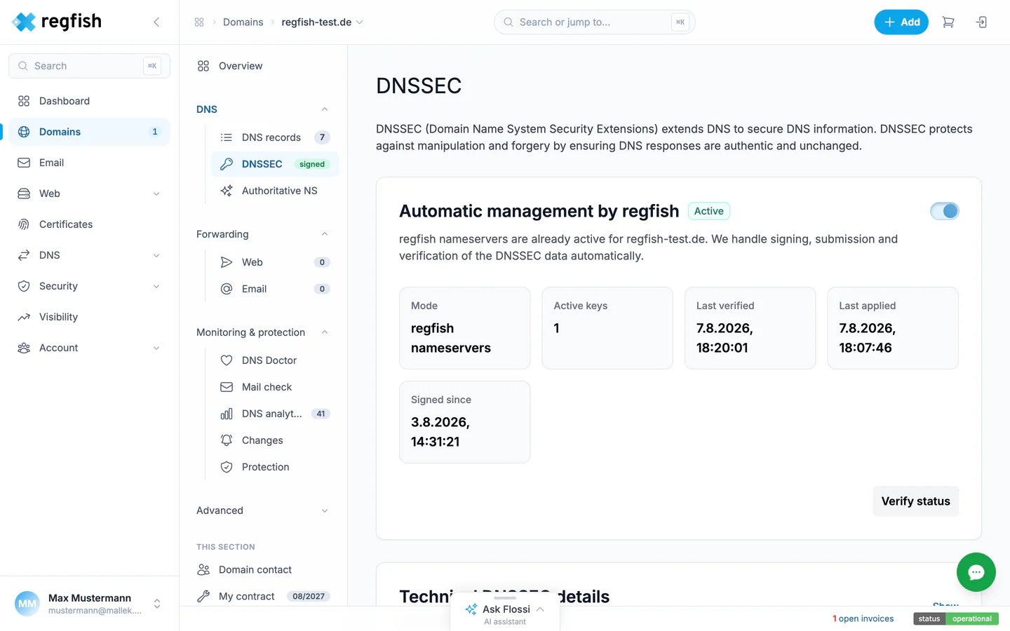 The DNSSEC page of a signed domain